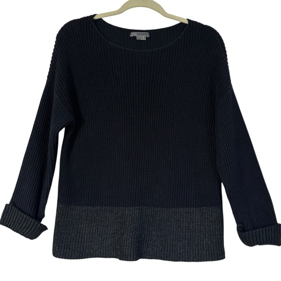 VINCE CHUNKY KNIT COLOR CONTRAST NAVY BLACK CUFFED SWEATER SIZE SMALL - Picture 2 of 9